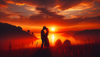 Romantic Sunset Escape: Silhouetted Couple in Tranquil Landscape at Twilight