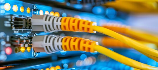 Network panel and switches with cables in data center server room for efficient data management