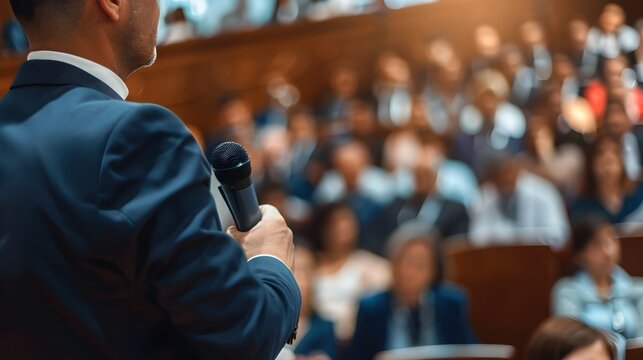 Corporate Leaders Addressing Stakeholders at Town Hall Meeting