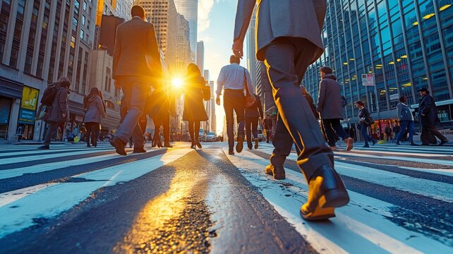 individuals crossing the street in a hurry, low angle