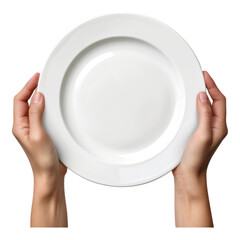 Hands holding white plate isolated on transparent background