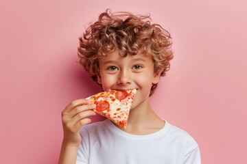 Adorable boy savoring delicious pizza on soft pastel background with room for text