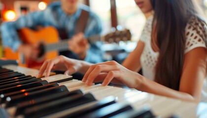 Obraz premium Woman playing piano with man on guitar in blurred music studio, ideal for text placement