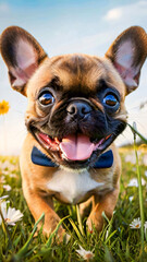 Fototapeta premium French bulldog puppy with tongue hanging out wearing black bow against background of nature, playful dog portrait