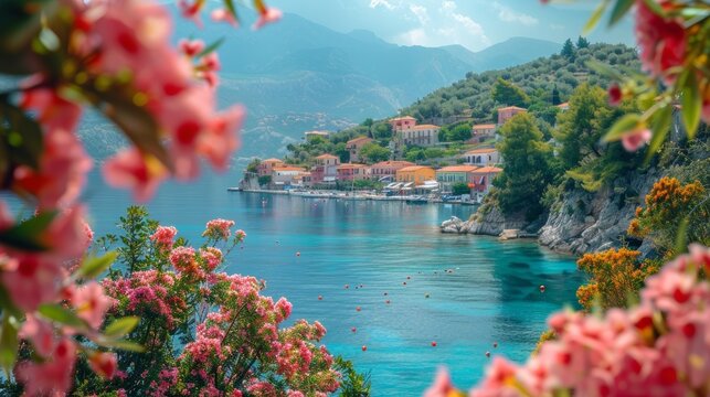 Vibrant summer image capturing the picturesque Argostoli port in Greece, framed by colorful blooming flowers and lush greenery on a sunny day.