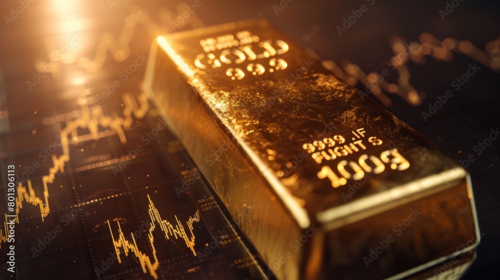 Poster close-up of a gold bar on a reflective surface with a graph projecting future gold prices, illustrat