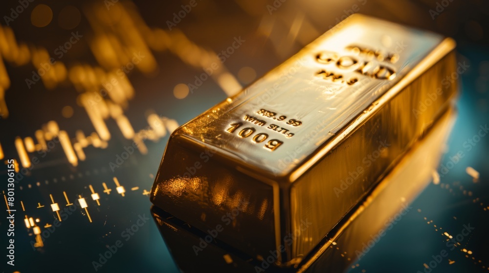 Aufkleber close-up of a gold bar on a reflective surface with a graph projecting future gold prices, illustrat