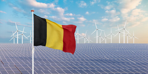 Official flag of Germany in front of a large array of solar panels and wind turbines