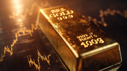Close-up of a gold bar on a reflective surface with a graph projecting future gold prices, illustrating speculative investment decisions