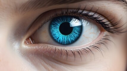 Fototapeta premium Female eye close up with smart contact lens with digital and bio-metric implants to scanning the ocular retina.