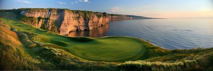 Spectacular golf course on cliffs above ocean with towering iconic rock arches in panoramic view
