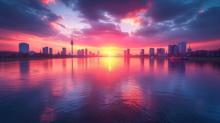 Fototapeta premium Breathtaking panoramic view of sunset casting vibrant hues over the Rhine River against Dusseldorf's city skyline.