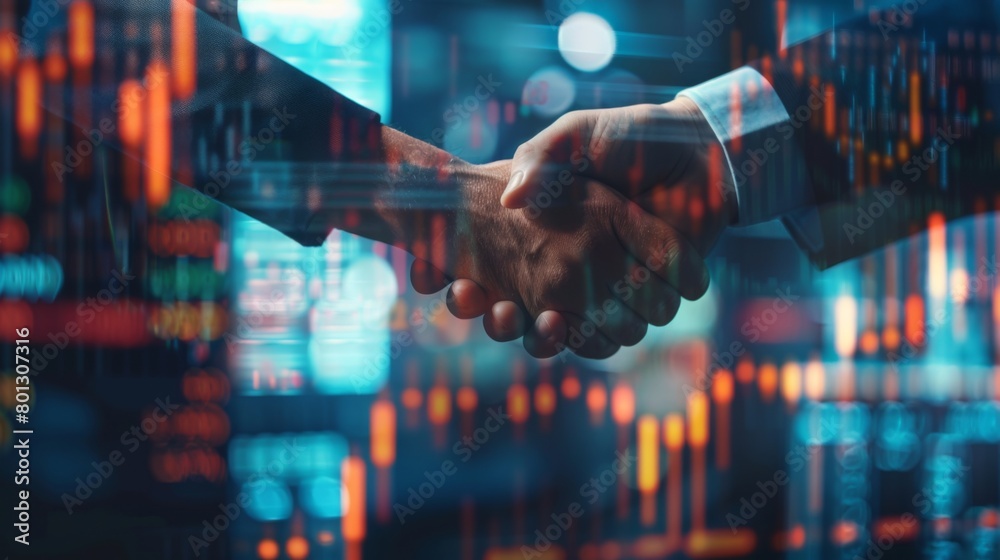 Poster close-up of a handshake between two business partners with financial charts in the background, symbo