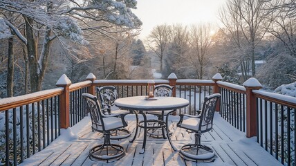 A wooden deck with a railing fence and a metal outdoor table and chairs covered in white snow at a residential property