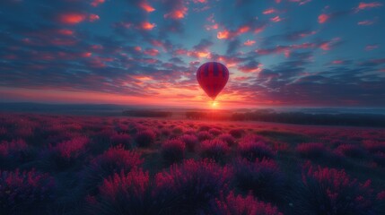 Experience a serene morning as a hot air balloon floats over a vibrant lavender field under a...