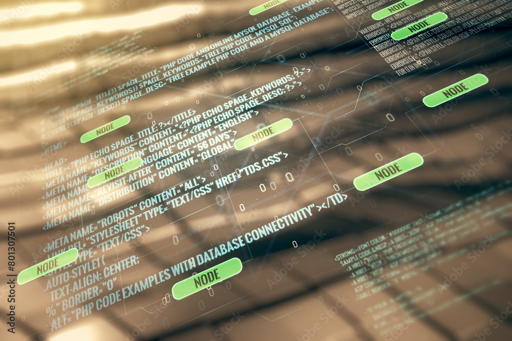 Poster Abstract virtual coding illustration on abstract metal background, software development concept. Multiexposure
