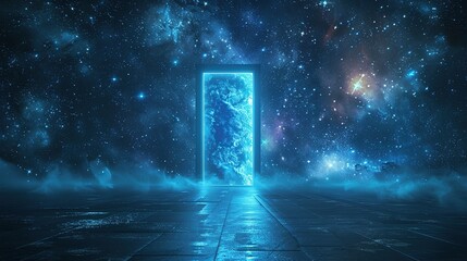 An open door portal to another dimension. A surrealistic creative work about traveling in the future.