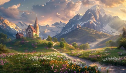 A beautiful and detailed realistic painting of an alpine landscape with mountains in the...