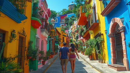 Young couple enjoys a leisurely walk down a picturesque alley lined with brightly colored houses in Guanajuato, Mexico, showcasing rich cultural charm.