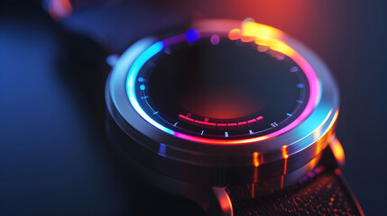 A futuristic smartwatch with a minimalist holographic interface displaying time and notifications. Epic shot.


