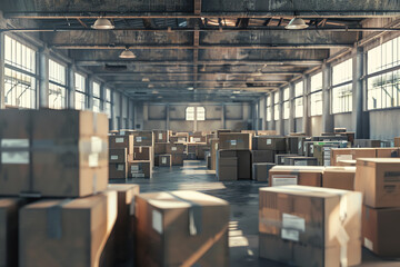 Warehouse interior filled with stacked cardboard boxes during daylight hours in an industrial setting