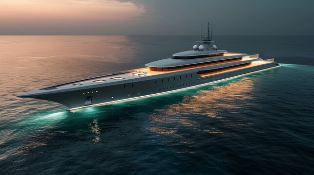 A large futuristic yacht with a sleek design is cruising on the ocean at sunset. The yacht is lit up by the setting sun and is surrounded by calm waters.