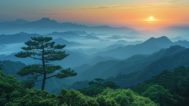 Serene beauty of sunrise over the misty surfaces of Huangshan's Yellow Mountains, featuring layered mountain peaks and vibrant green trees.
