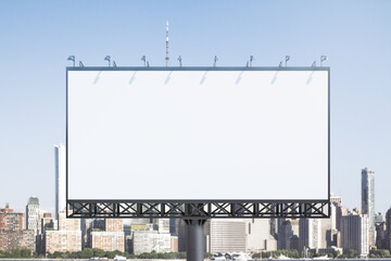 Blank white horizontal billboard on city buildings background at daytime, front view. Mockup, advertising concept