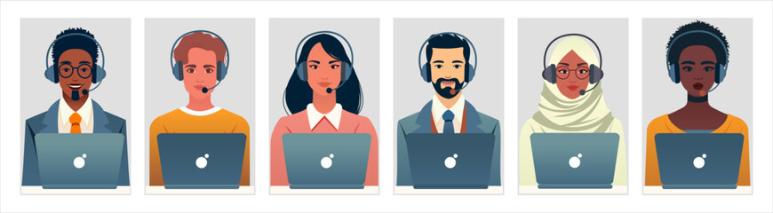 Diverse live chat operator avatar set. Call center agents with laptops and headphones. Online customer support service assistants. Client services and communicationconcept. Vector for web app forum