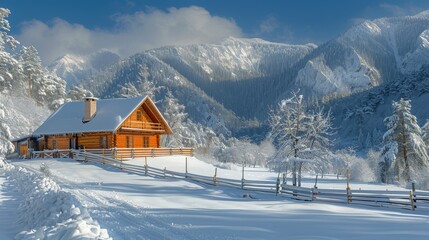 Stunning winter scene featuring a cozy wooden cabin surrounded by snow-covered mountains and forests under a bright blue sky.