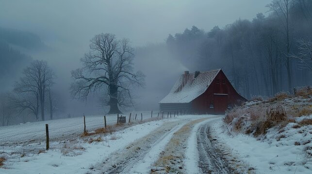 Winter scene captures a foggy morning with a red barn and bare trees in a mountainous area, highlighted by a snow-covered path leading through the tranquil landscape. - Powered by Adobe