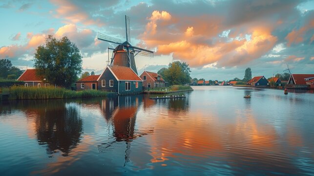 Experience a serene sunset panorama showcasing iconic Zaandam windmills along peaceful waters, complete with vibrant sky and quaint rural houses.