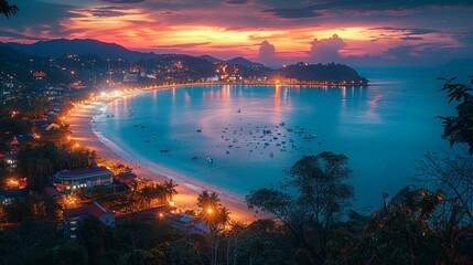 Sunset over Patong, Karon, and Kata beaches in Phuket. The dusky skies contrast beautifully with the illuminated beachfront and calm waters.