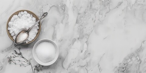 bowl of fine white sugar with a silver spoon resting beside it, copy space. Generative AI