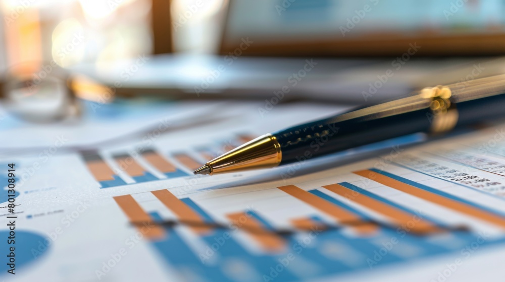 Poster Close-up of a pen analyzing details on a financial report with a business graph in the background, illustrating thorough examination and analysis.