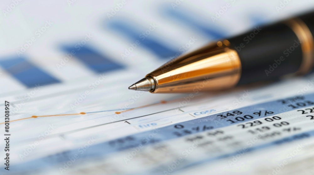 Aufkleber Close-up of a pen analyzing details on a financial report with a business graph in the background, illustrating thorough examination and analysis.
