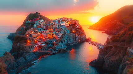 Breathtaking view of a Cinque Terre town lit by a vibrant sunset, showcasing colorful houses...