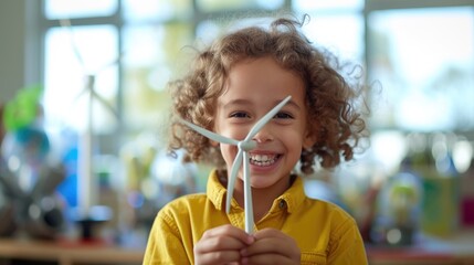 Fototapeta premium Happy smart children looking at camera while holding wind mill model with blurring background. Smiling kid smiling to camera while learning about green energy environmental power. ESG concept. AIG42.