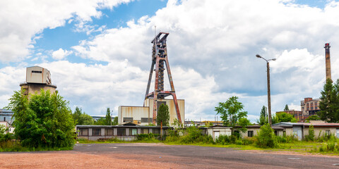 A rusty steel tower above a building at a coal mine in Gliwice, Poland. This part of the mine area...