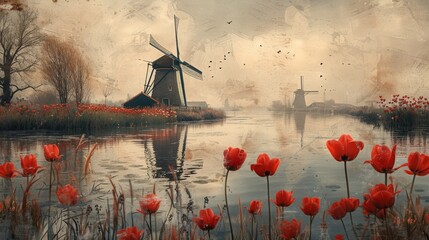 Traditional Dutch windmills amid a field of radiant red tulips, reflected in a serene waterbody under a moody sky.