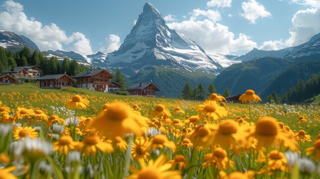Summer scene of Zermatt village under the towering Matterhorn. Alpine houses amidst vibrant wildflowers under a clear blue sky.