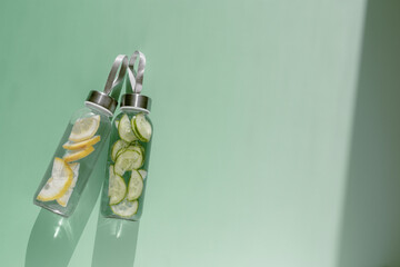 Glass bottles with lemon, cucumber water drink detox at sunlight on green colored background, copy...