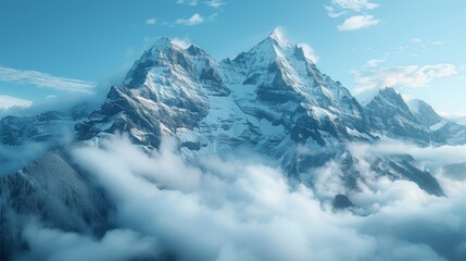 Stunning landscape image showcasing towering mountain peaks enveloped in a soft blanket of clouds, set against a vibrant blue sky.
