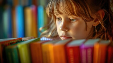Close up of attractive child reading a book while looking at camera. Elementary student holding fairy tale novel book or bedtime stories surrounded by various book. Creative activity concept. AIG42. © InfiniteFlow