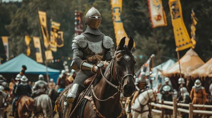 A knight in armor riding a horse at a medieval festival