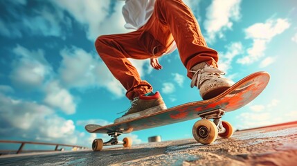 Low angle shot of a skateboarder skateboarding. Skateboarders do jumping tricks and cool moves for sport