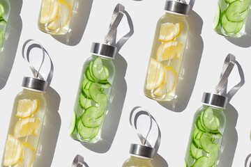 Glass bottles with lemon, cucumber water drink detox at sunlight on white, creative pattern. Healthy infused water boost metabolism, weight loss. Aesthetic still life, refreshing drink