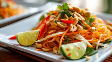 Close-up of a plate of Thai papaya salad garnished with peanuts and lime wedges, highlighting the balance of flavors and textures in this refreshing dish.