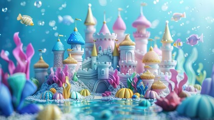 Magical mermaid themed birthday card mockup, A vibrant underwater scene featuring a fantastical castle surrounded by colorful corals and playful fish.