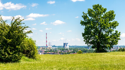 View of Kraków, Poland, seen from Krakus Mound. The Krakow-Leg power plant makes a disturbing...